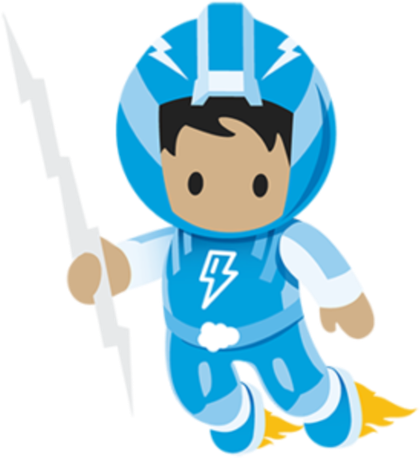 AI agent character flying with a lightning bolt, symbolizing fast automation